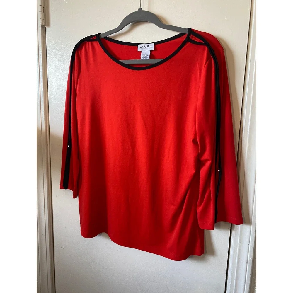 Carmen Marc Valvo‎ Red Top Women's Medium 3/4 Sleeve Black Trim - Picture 2 of 8